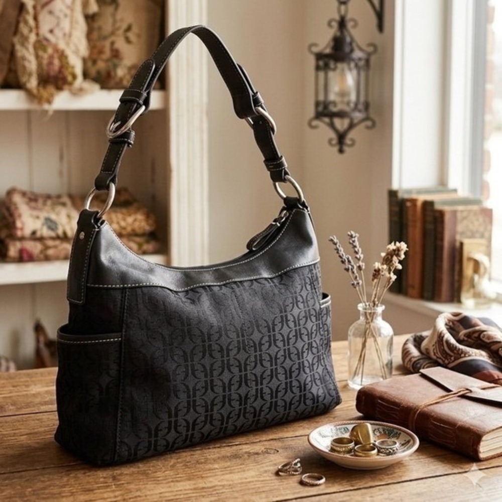 Fossil Vintage Shoulder Bag Black Signature Monogram Jacquard Leather Retro Y2K